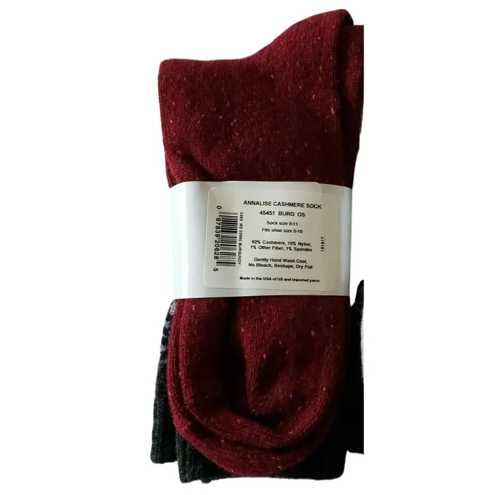 Garnet Hill 82% Cashmere Pattern Luxury Crew Socks Burgundy Black Annalise Med